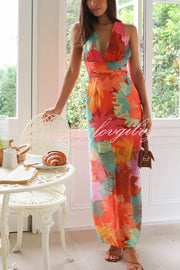 Unique Printed V-neck High Waisted Slit Maxi Dress