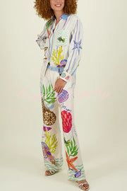 Dream Ocean Satin Unique Print Back Elastic Waist Pocket Wide Leg Pants