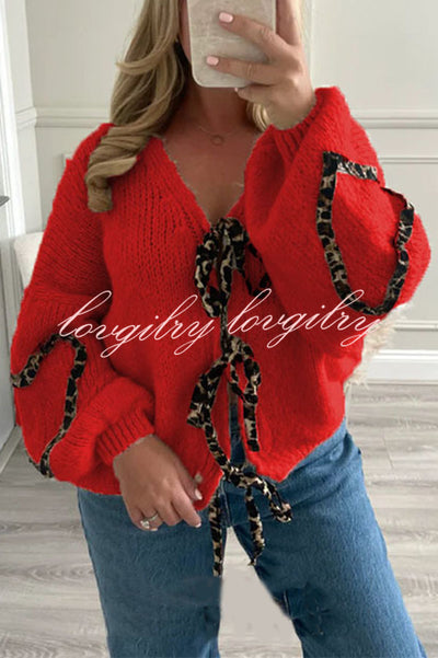 Fashionable Loose Long-sleeved Leopard Print Lace-up Knitted Sweater Cardigan