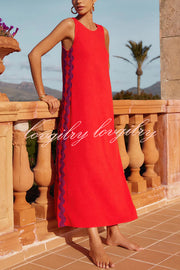 Vacation Villa Side Ric Rac Wave Trim Slit Loose Maxi Dress