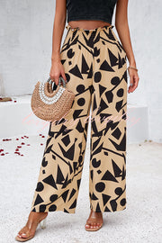 Uniquely Printed Ruffled Elastic Waist Pocket Pleated Wide Leg Pants