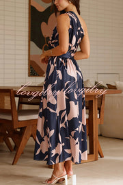 Unique Print Sleeveless One Shoulder Belted Maxi Dress