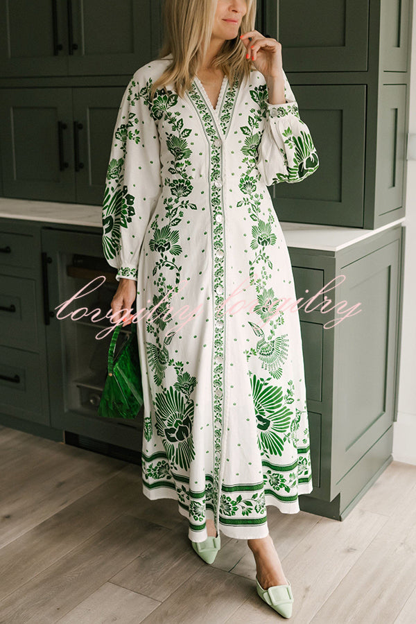 Forest Soul Unique Print Button Down Long Sleeve Shirt Maxi Dress