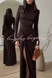 Luxe Silhouette High Neck Shoulder Pads Drape Stretch Maxi Dress