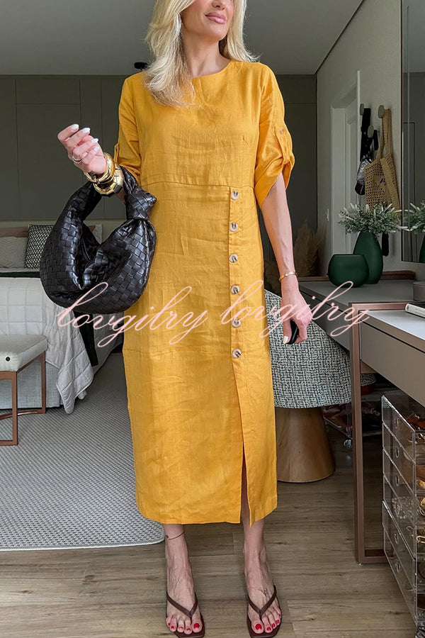 Ultra-comfortable Linen Blend Half Sleeve Front Button Detail Relaxed Pocket Midi Dress