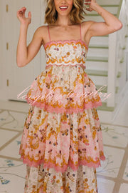 Charming Smile Floral Print Scalloped Lace-trim Back Tie-up Tiered Maxi Dress