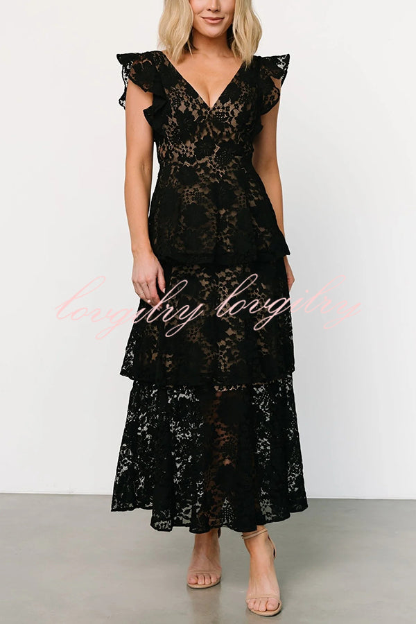 Lace V-neck Ruffled Sleeves Cinched Waist Maxi Dress