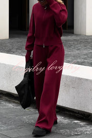 Effortlessly Stylish Ribbed Zipper High Neck Sweatshirt and Elastic Waist Pocketed Loose Pants Set