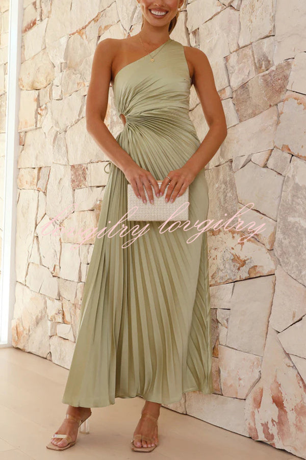 Charming One Shoulder Lace Up Cutout Pleated Maxi Dress