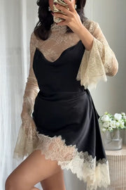 Gothic Romantic Lace Satin Patchwork High Neck Bell Sleeve Loose Mini Dress