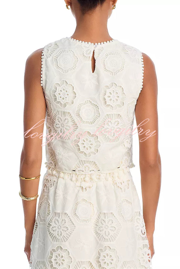 Nice Try Embroidered Crochet Lace Tassle Trim Crop Tank Top