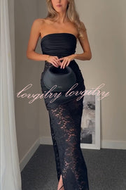 Dulcie Lace and Satin Patchwork Asymmetrical Pleats Bandeau Maxi Dress