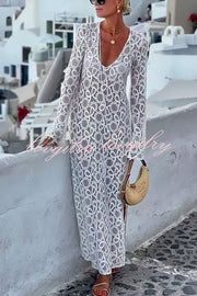 Santorini Sunset Floral Lace Long Sleeve Slit Vacation Maxi Dress