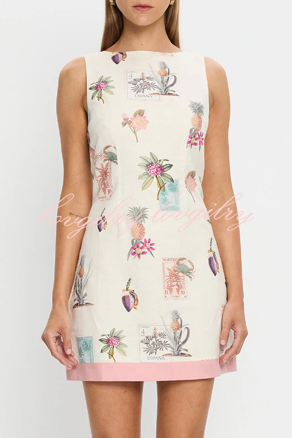 Botanical Print Sleeveless Open Back Casual Mini Dress