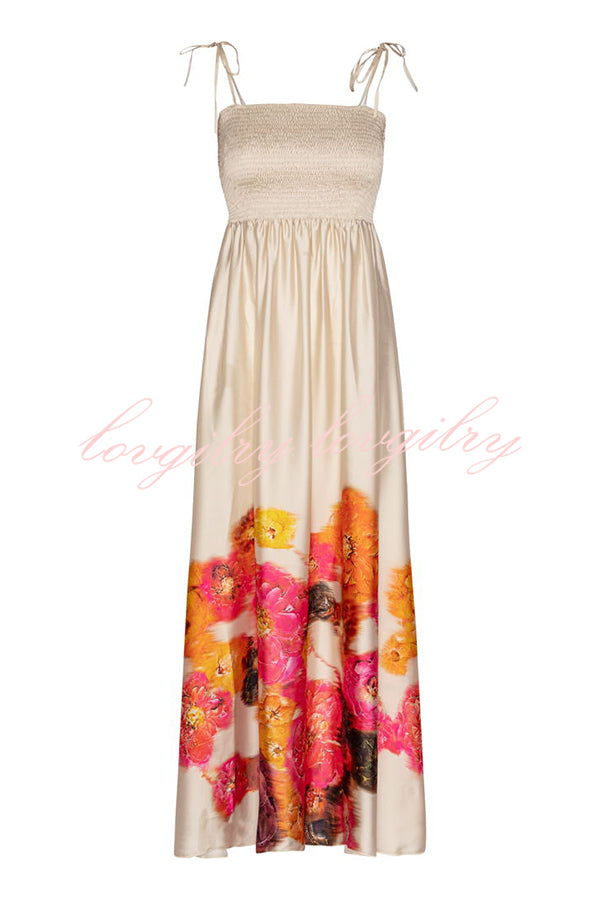 Hidden Garden Satin Floral Print Smocked Tie-up Shoulder Maxi Dress