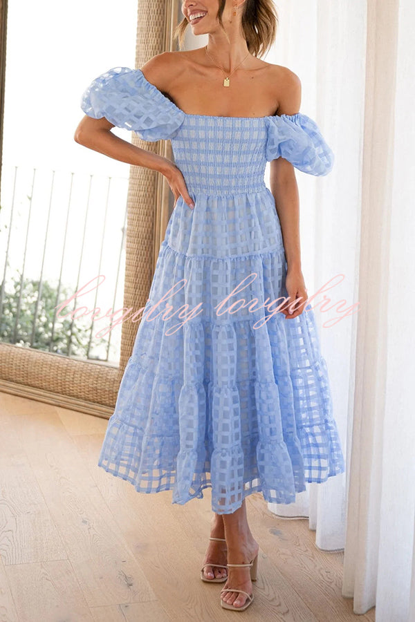 Solid Color Off-shoulder Lantern Sleeve Patchwork Midi Dress