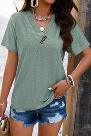 Temperament and Casual Buttoned V Neck Hollow Short Sleeved Top