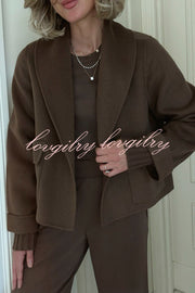 Comfortable Season Shawl Collar Open-front Long Sleeve Flap Pockets Crop Coat