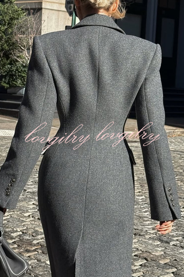 Elegant Lapel Long Sleeve Button High Waist Long Coat