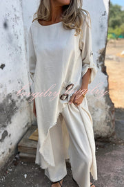 Jamilah Linen Blend Ring Detail Midi Blouse  and Elastic Waist Pocketed Loose Pants Set