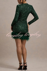 Party Must-have Sequin Long Sleeve Feather Trim Stretch Mini Dress