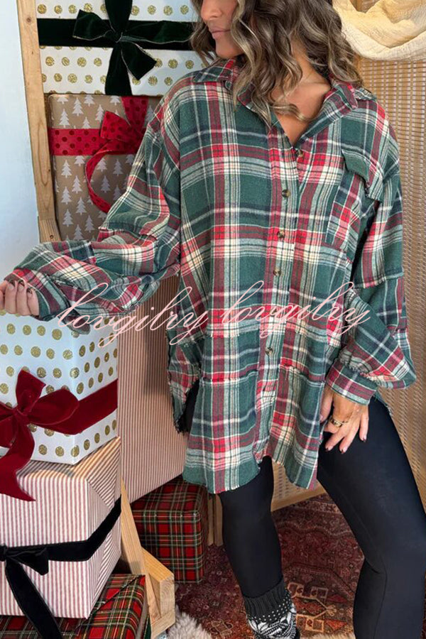 Christmas Morning Plaid Button Down Long Sleeve Pocket Loose Blouse