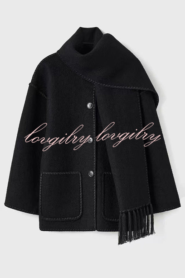 Stylish Loose Pocket Long Sleeve Coat and Warm Fringed Scarf