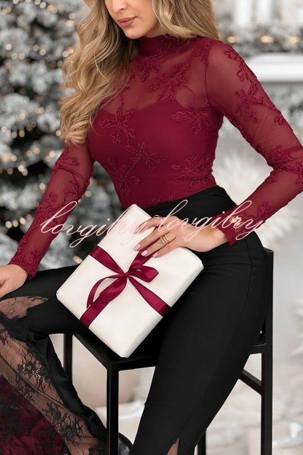 Must-have for Date Mesh Embroidery High Neck Long Sleeve Stretch Top