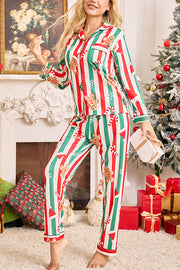 Color-blocked Striped Christmas Print Casual Long-sleeved Shirt and Elastic Waist Pants Set