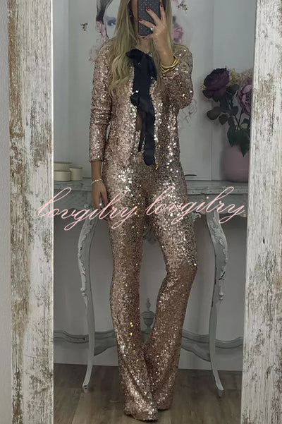 Holiday Cheer Sequin High Rise Elastic Waist Flared Stretch Pants