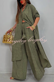 Solid Color Casual Loose Long Shirt and Elastic Waist Pocket Wide Leg Pants Set