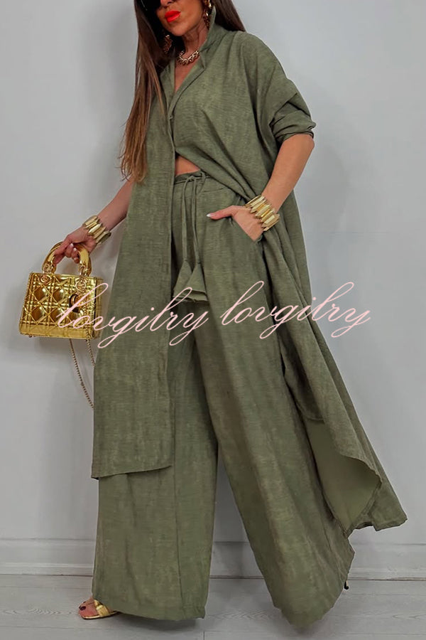 Solid Color Casual Loose Long Shirt and Elastic Waist Pocket Wide Leg Pants Set