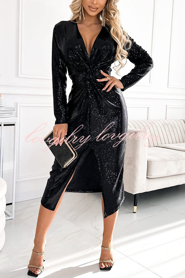 Coralia Sequin V-neck Long Sleeve Twist Waist Front Slit Midi Dress