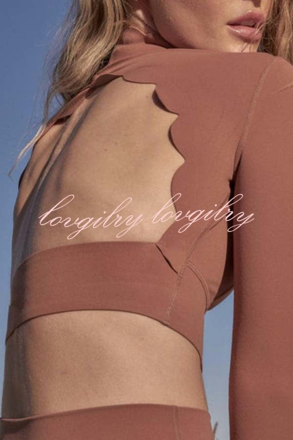 Open Back Petal Trim Long Sleeve Yoga Sports Crop Top