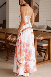 Botanical Print Halter Square Neck Pleated Loose Maxi Dress