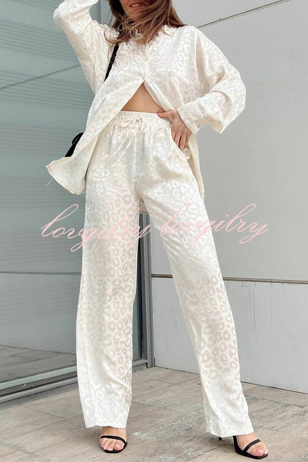 Leopard Print Jacquard Long Sleeved Shirt with Elastic Waist and Pant Two Piece Set