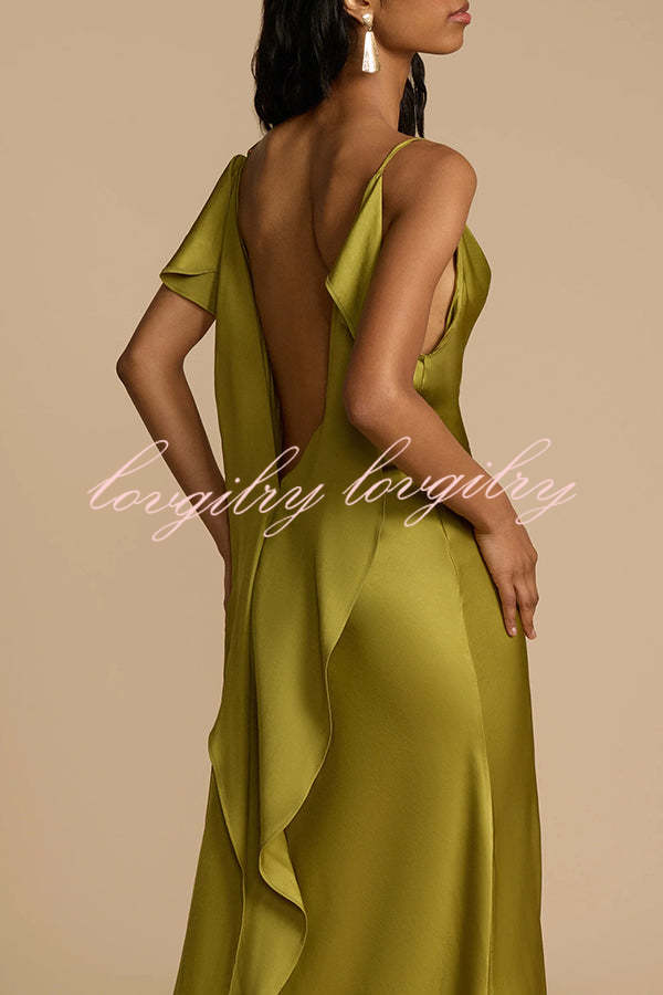 Evening Date Satin Cowl Neck Drape Ruffle Backless Bias Cut Party Maxi Dress