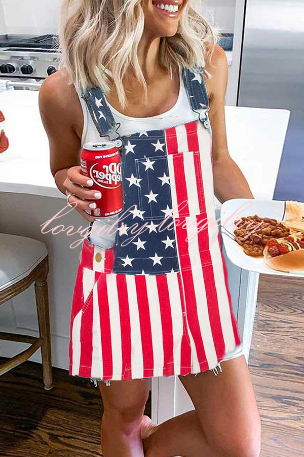 Independence Day American Flag Print Casual Pocket Denim Strap Mini Dress