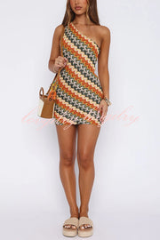 Playful Colorful Knitted Slim-fitting Offset Neck Stretch Mini Dress