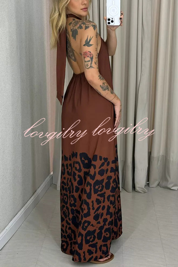 Leopard Print Sexy Halter Neck Backless Loose Maxi Dress