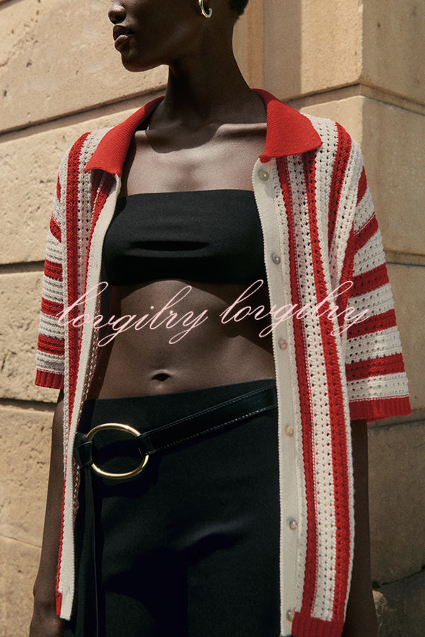 Fashionable Red and White Contrast Lapel Short-sleeved Knitted Top