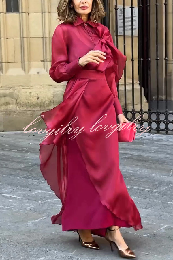 Lily Chiffon Bow Detail Puff Sleeve Blouse and Elegant Layered Maxi Skirt Set