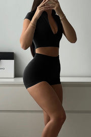 Fashionable Sports Yoga Style V-neck Crop Top and Stretch Slim Shorts Set