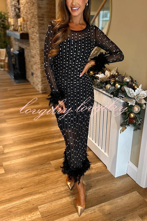 Sexy Long Sleeve Round Neck Feather Edge Rhinestone Decoration Slim Fit Maxi Dress