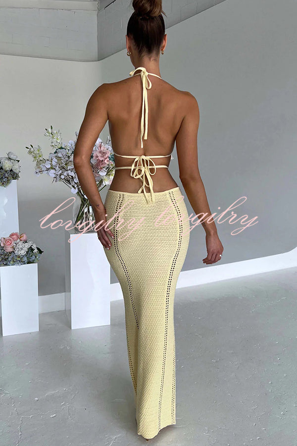 Effortlessly Cool and Sexy Knit Crochet Cutout Halter Tie-up Stretch Maxi Dress