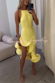 Solid Color Sleeveless Waist Tie Irregular Ruffle Slim Midi Dress