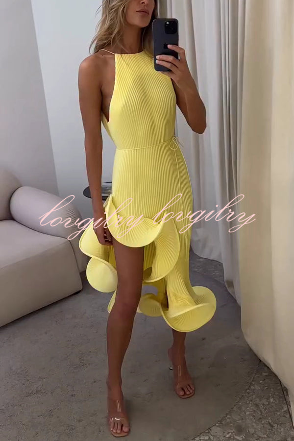 Solid Color Sleeveless Waist Tie Irregular Ruffle Slim Midi Dress