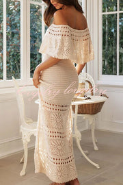 Jolene Knit Crochet Texture Off Shoulder Drawstring Waist Maxi Dresses