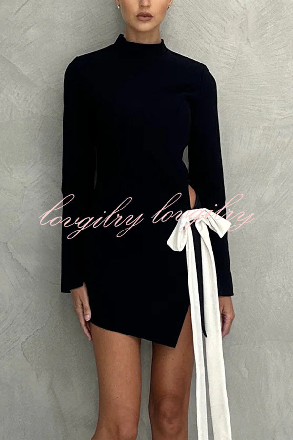 Fashionable Long-sleeved Hollowed-out Bow Slim-fit Mini Dress