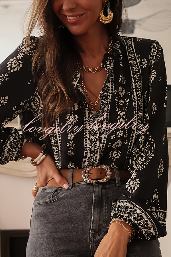 Unique Print Long-Sleeved Button-Up Elegant Shirt